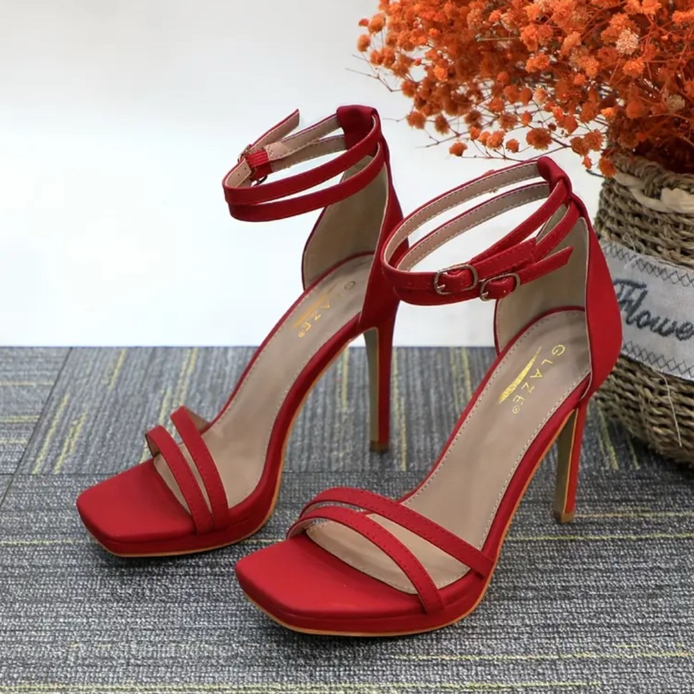 Vibrant Red High Heel Stilettos with Ankle Strap - Picture 6 of 10
